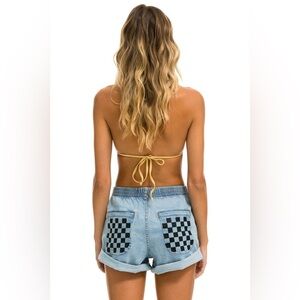 Aviator Nation Hi-Rise Denim Shorts — Light Wash Checkerboard Back, NWT, Size M